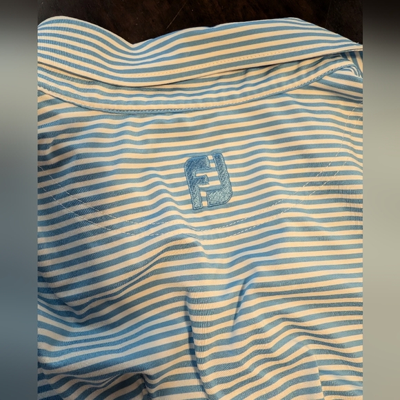 FootJoy Mens L Polo, Lt Blue/White Stripe with "Eaton Vance" Sleeve Embroidery - Picture 3 of 5